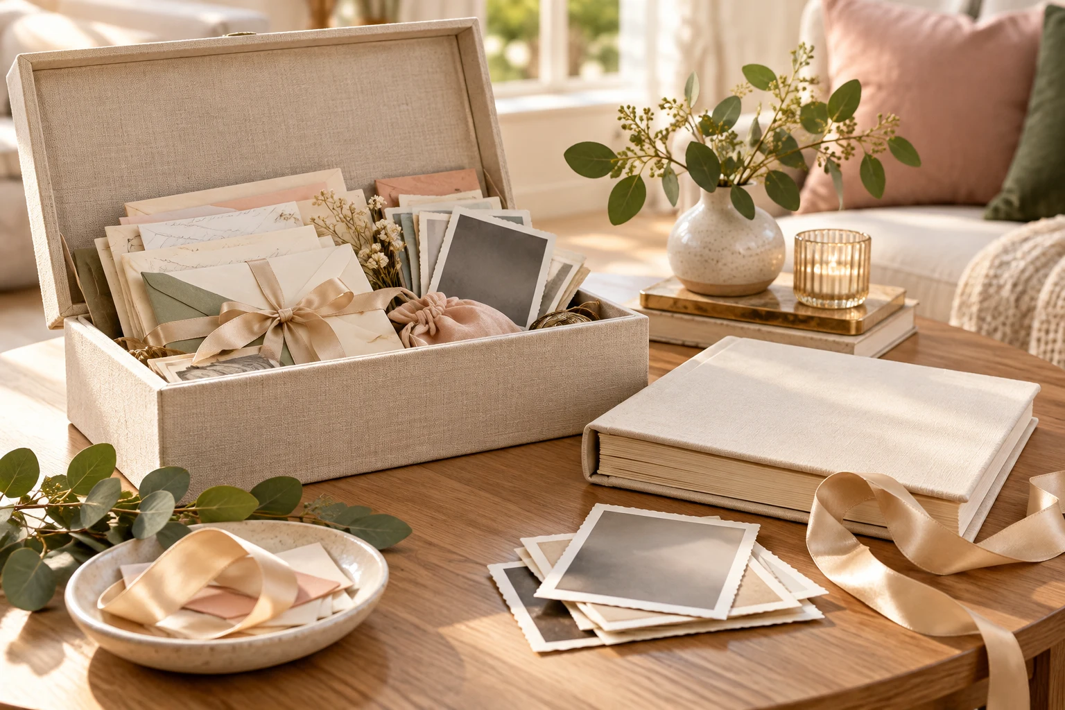 Illustrative memory box with letters, photo prints and an album in a warm ivory living room