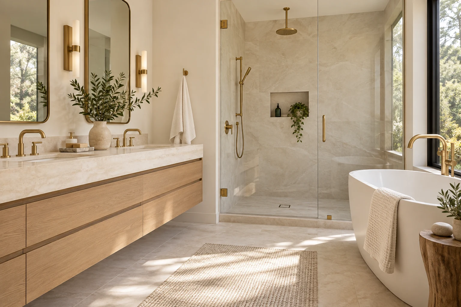 Contemporary cream bathroom with a floating oak vanity