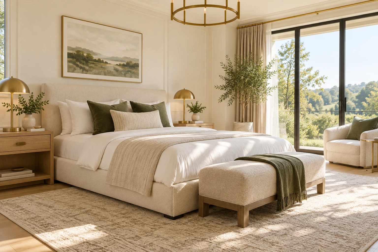 Modern ivory bedroom with olive accents and fresh linens