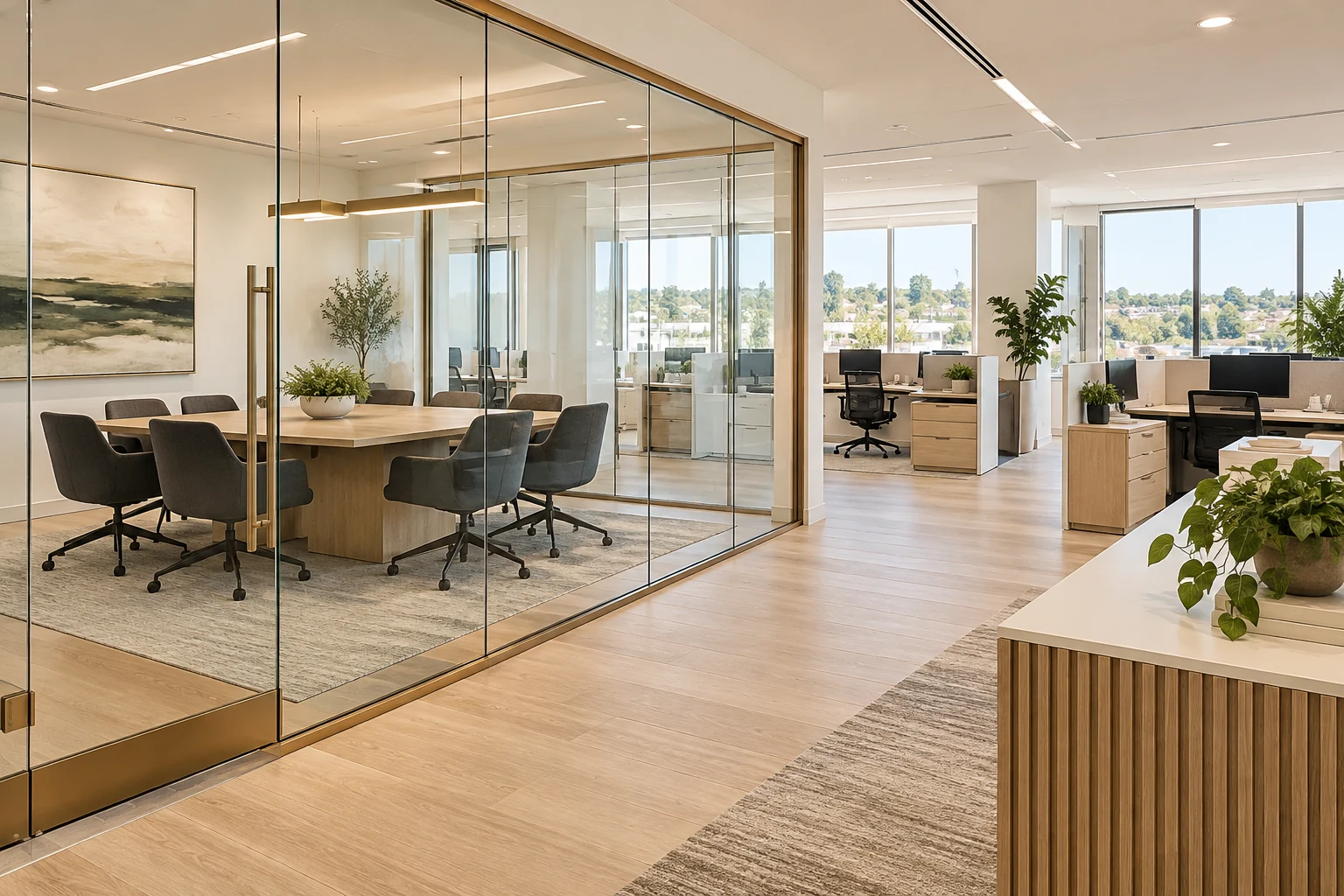 Modern office with glass meeting room and light oak furnishings