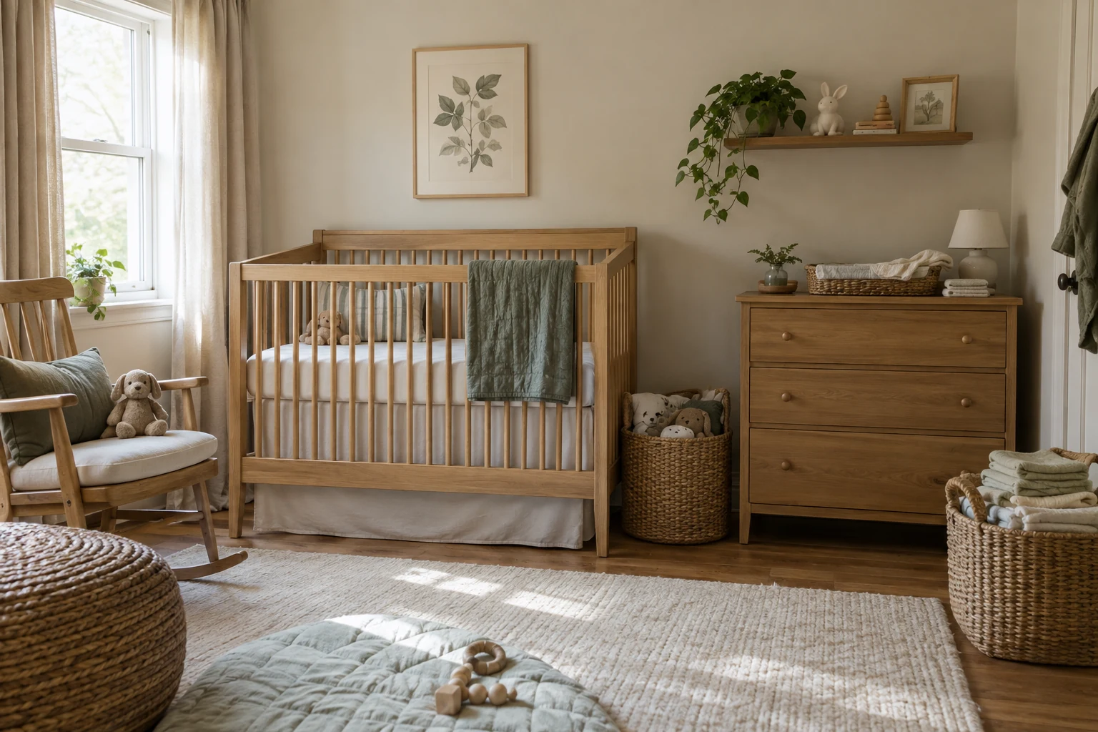 Calm nursery arranged with baby supplies