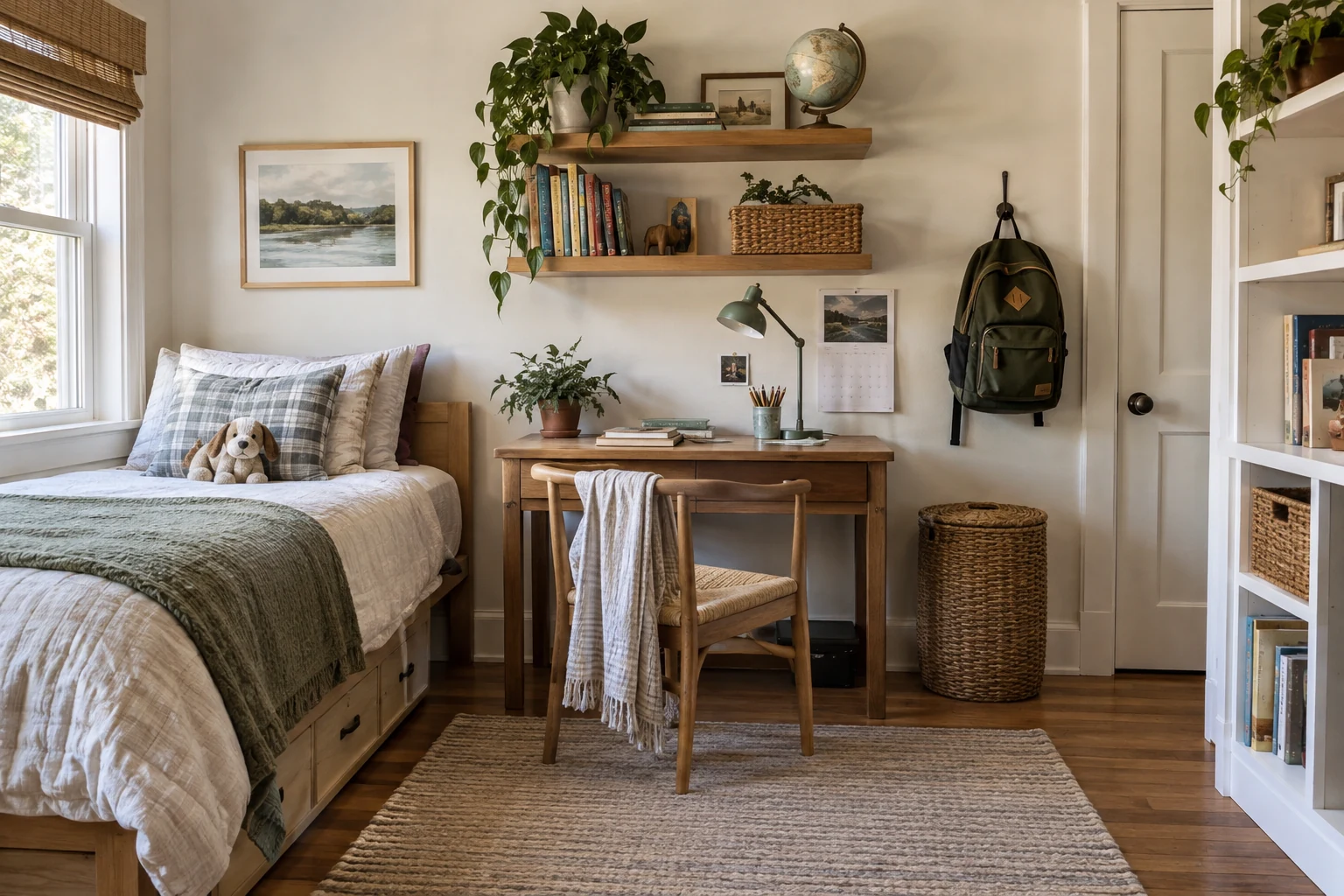 School-age bedroom with organized books and belongings