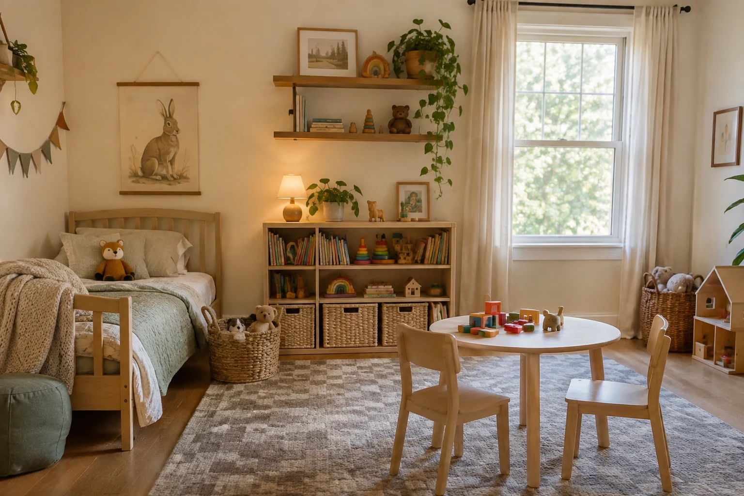 Organized young child’s bedroom and play storage