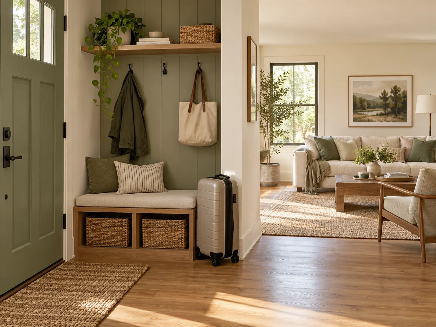 A calm home entry and living area with a tidy travel drop zone