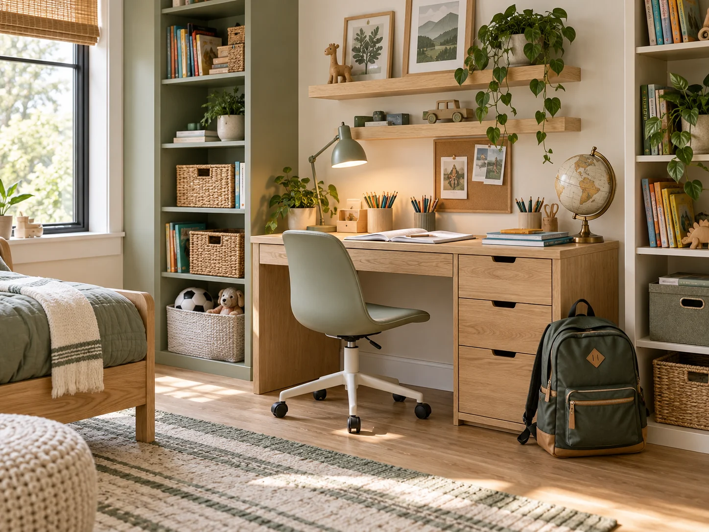A school-age desk with organized books, supplies and backpack