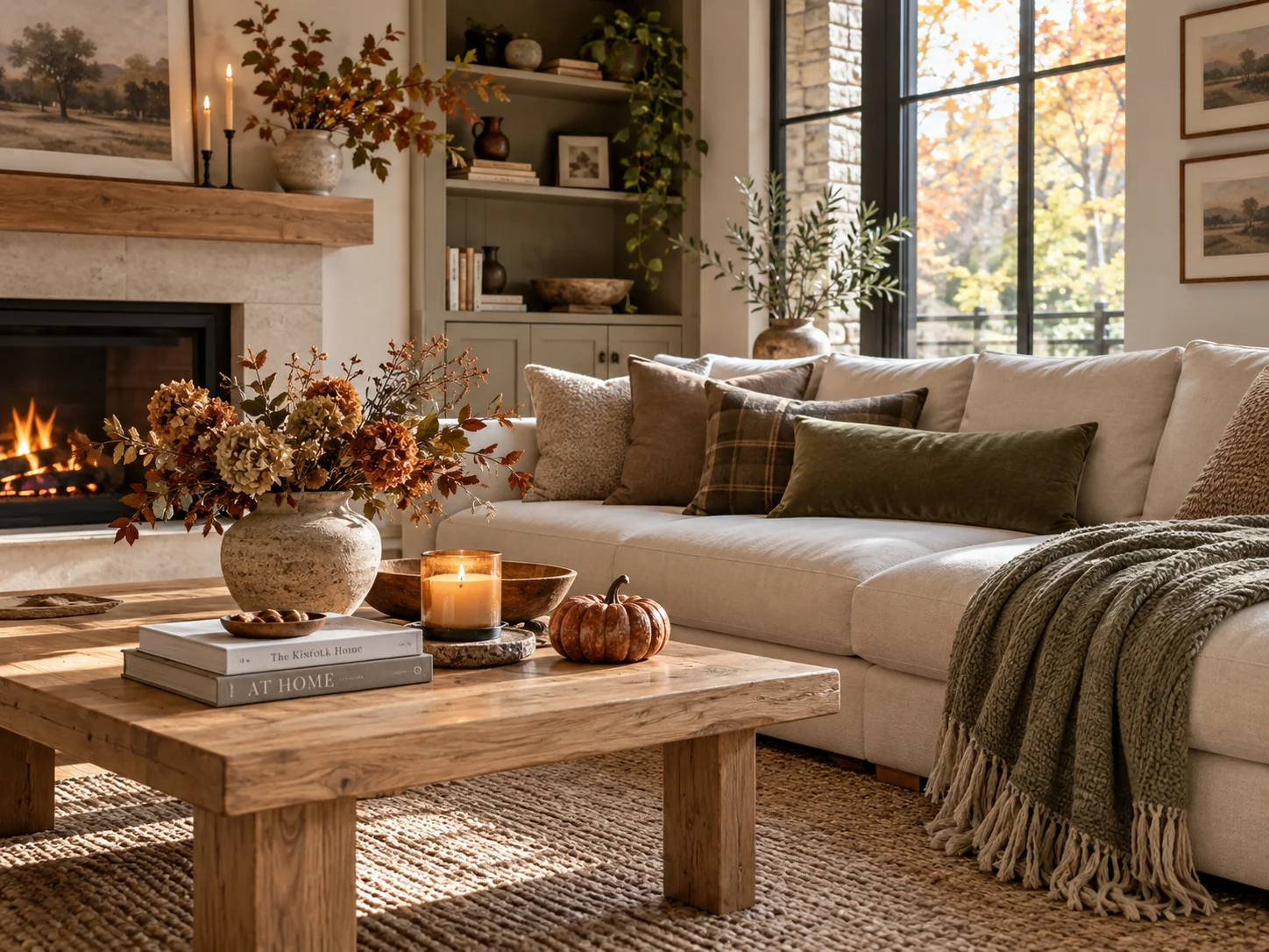 A cozy neutral living room with restrained autumn details