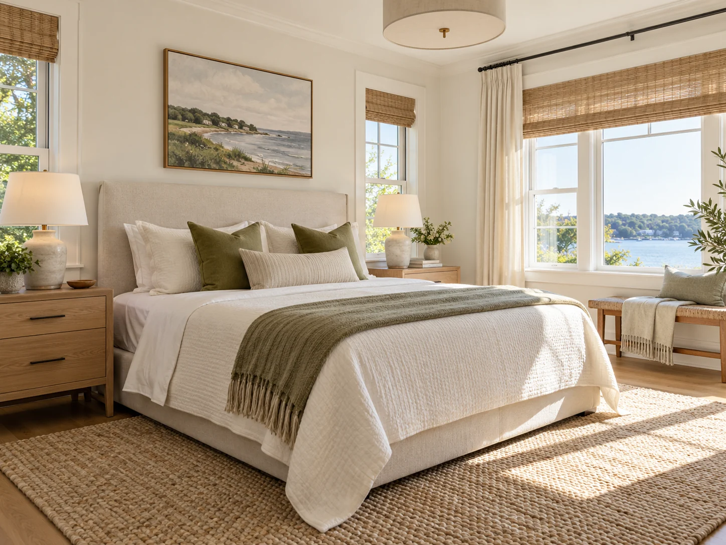 A welcoming guest bedroom with fresh cream bedding