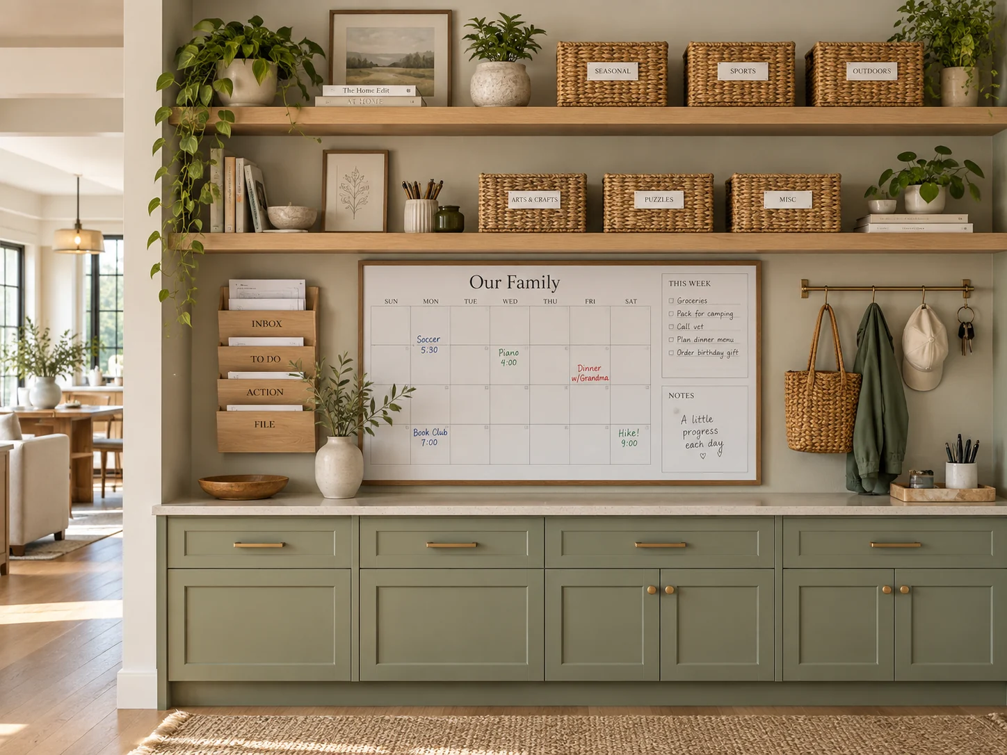 A practical household command center with organized baskets and supplies