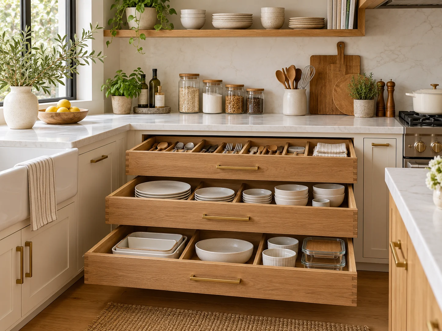 Kitchen drawers and everyday dishes arranged for easy access