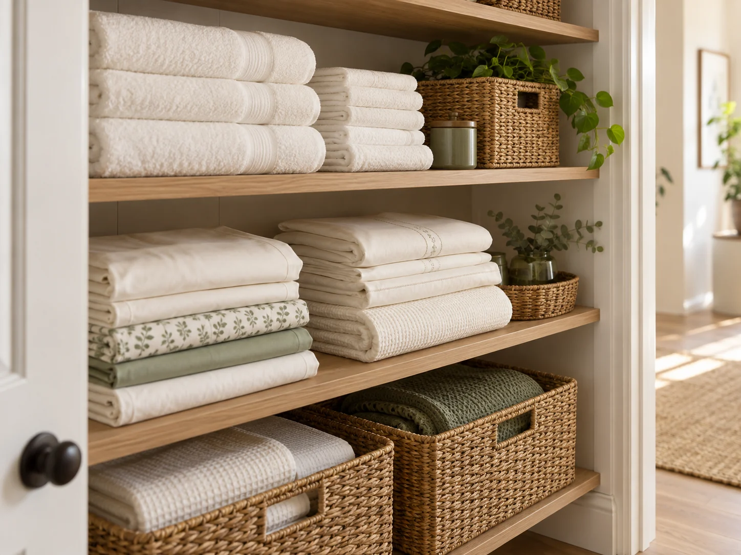 Folded towels and bedding arranged on warm, organized shelves
