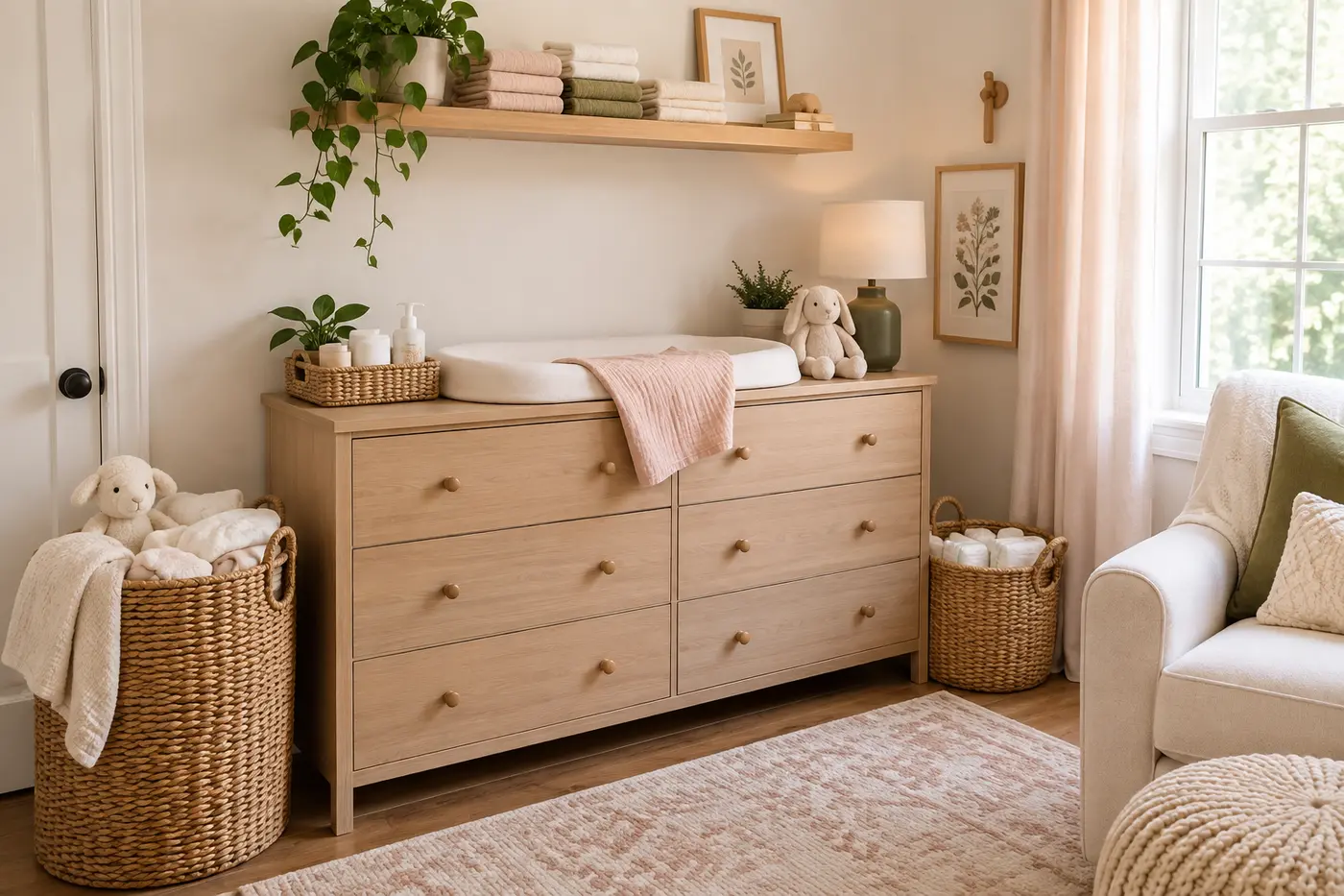 A quiet, organized nursery with baby supplies