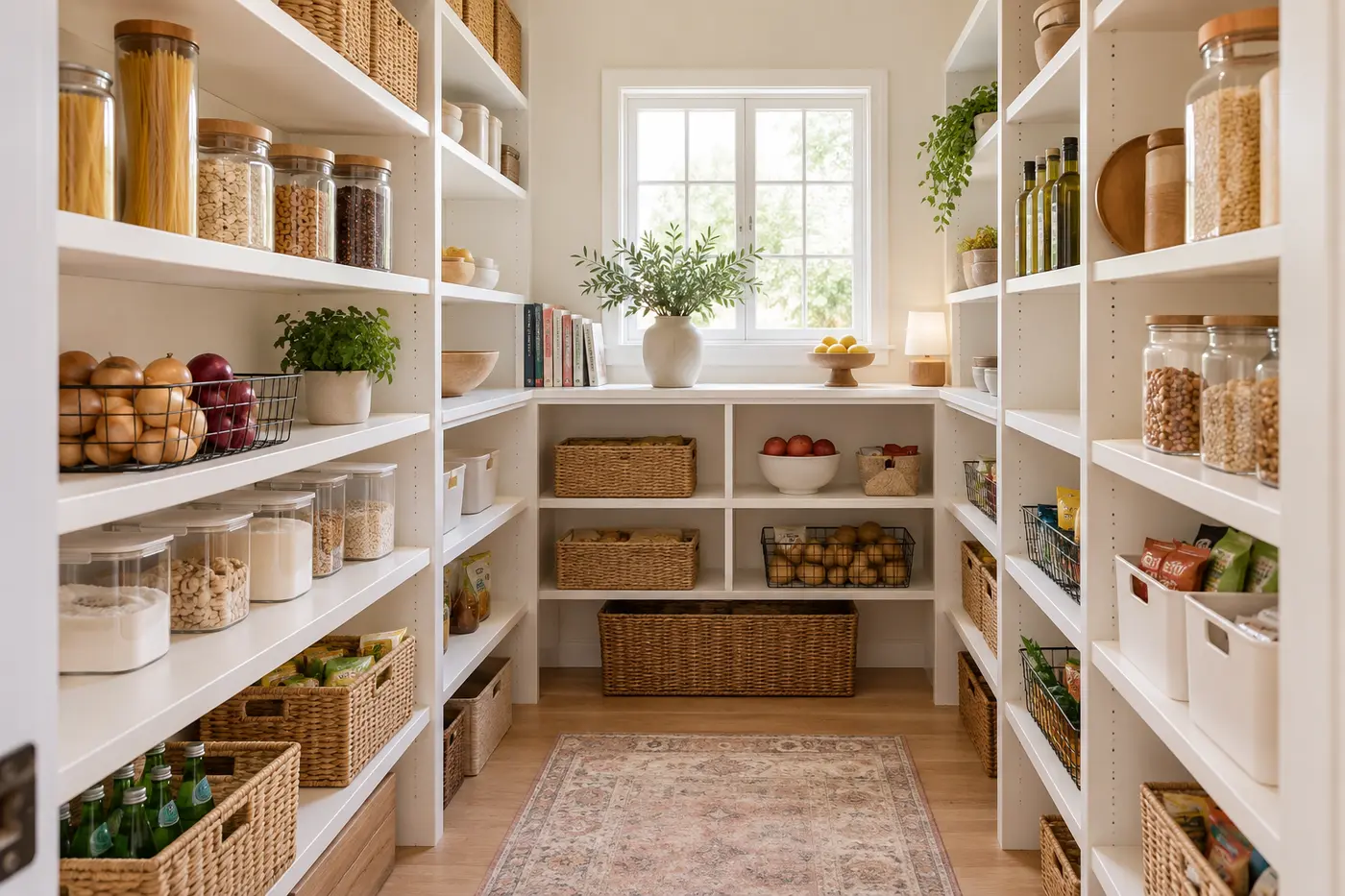 A warm pantry with baskets and everyday essentials arranged on open shelves