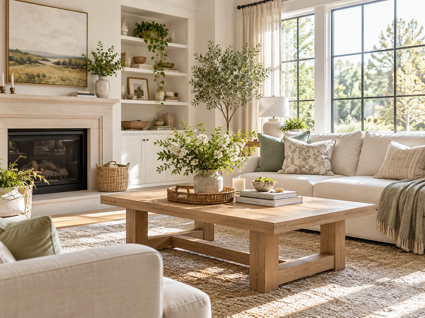 A bright living room refreshed for spring with soft greenery