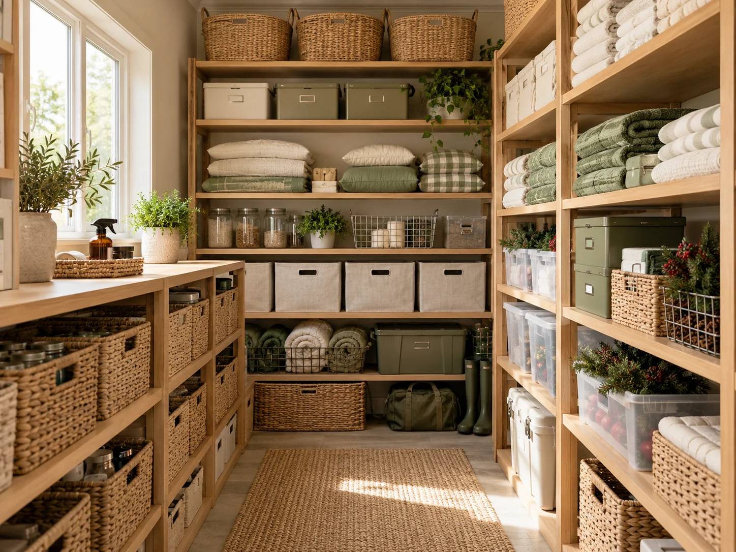 Household storage shelves with neatly grouped baskets and supplies