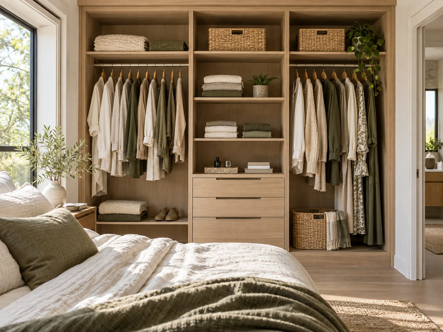 A bedroom closet with clothes arranged by season