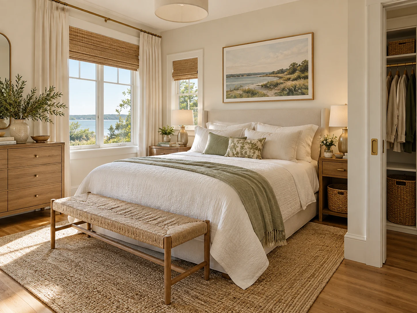 A softly lit bedroom with fresh linens and calm neutral details