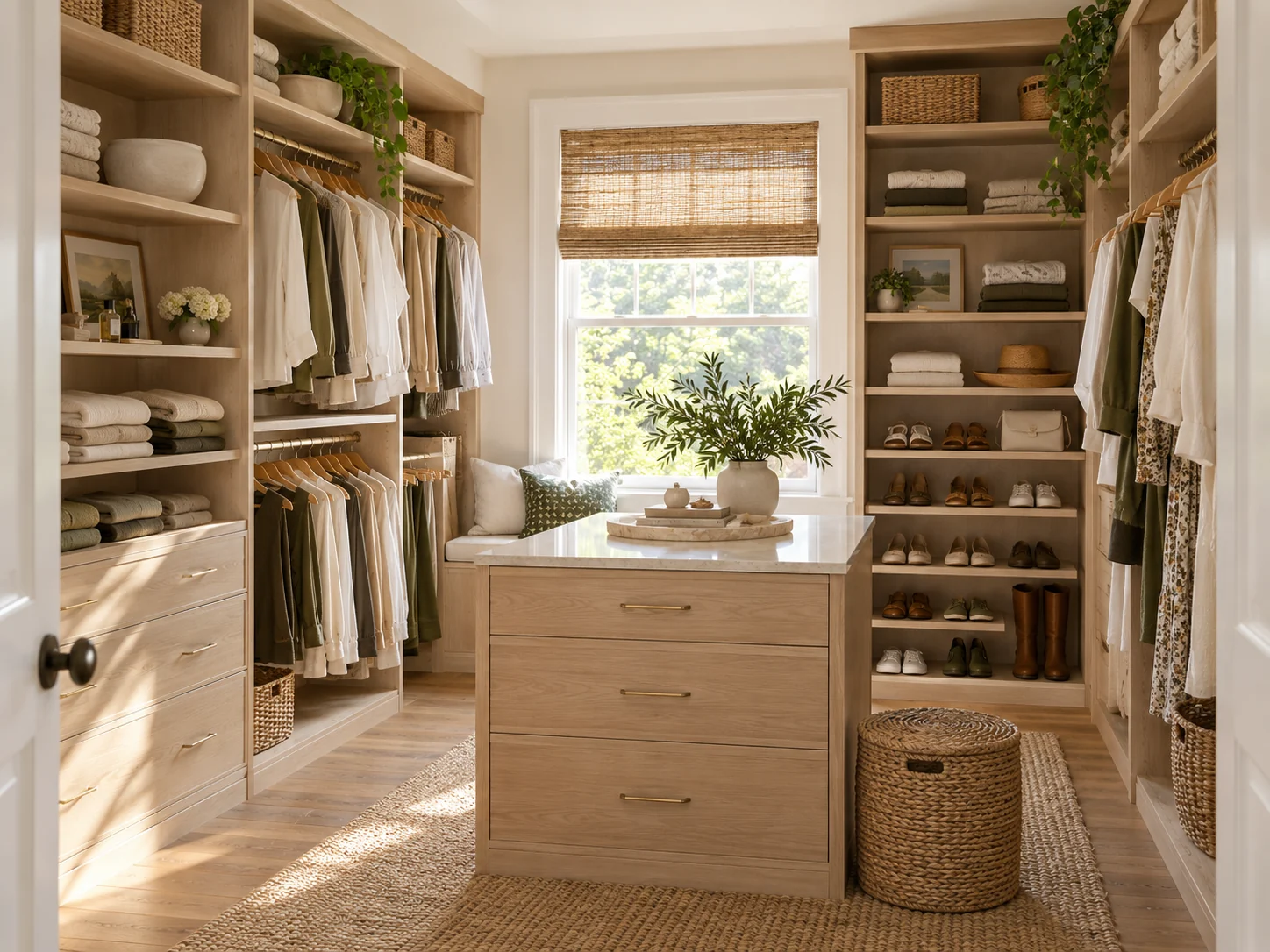 A warm, organized walk-in closet with neatly arranged clothing and baskets