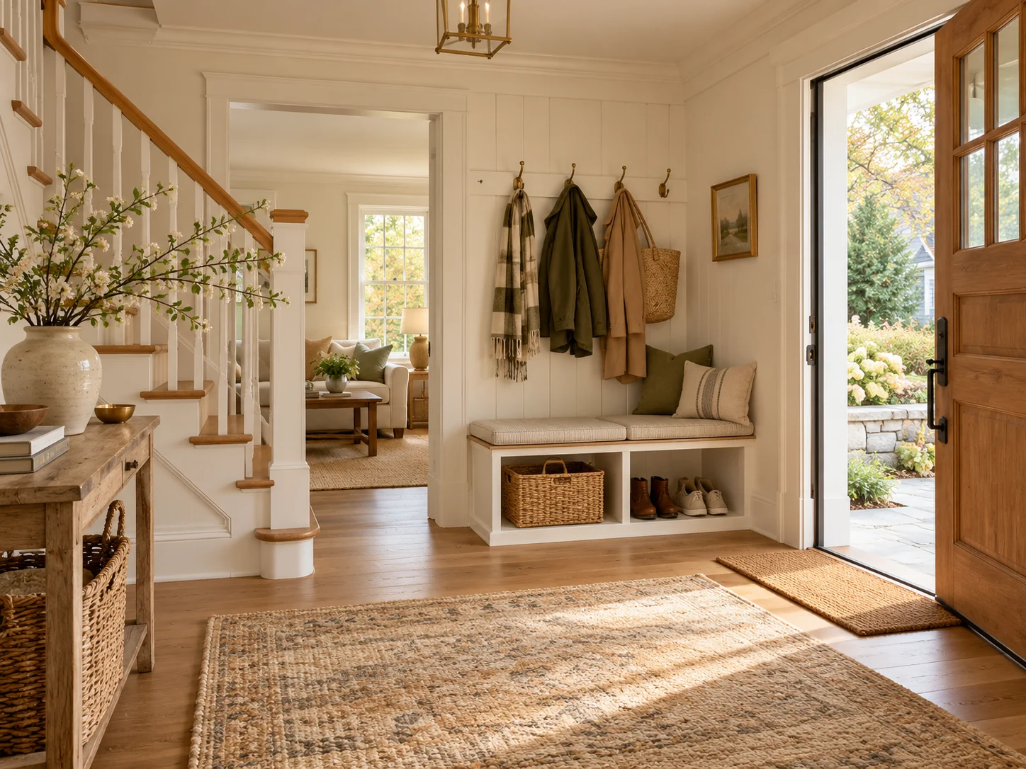 A welcoming entryway with a bench and tidy everyday storage