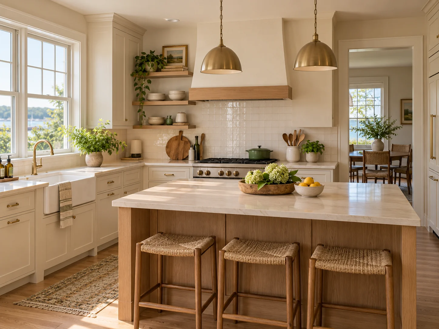 A bright kitchen with natural oak, cream cabinets and clear counters