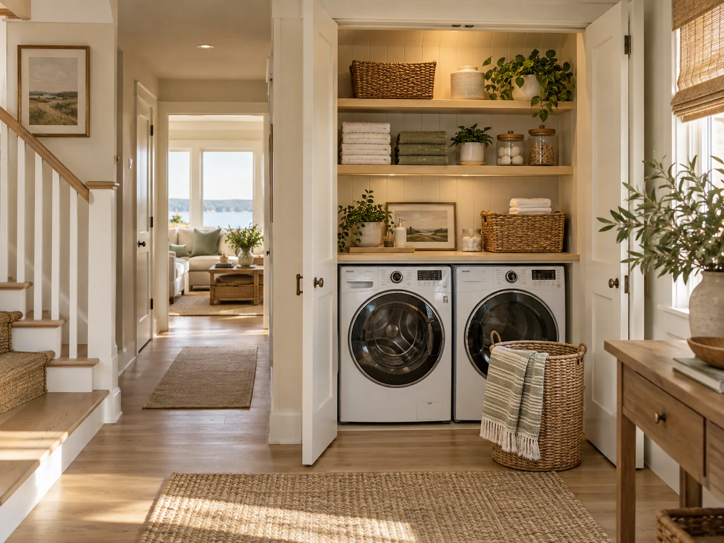 A bright laundry room with folded linens and organized storage