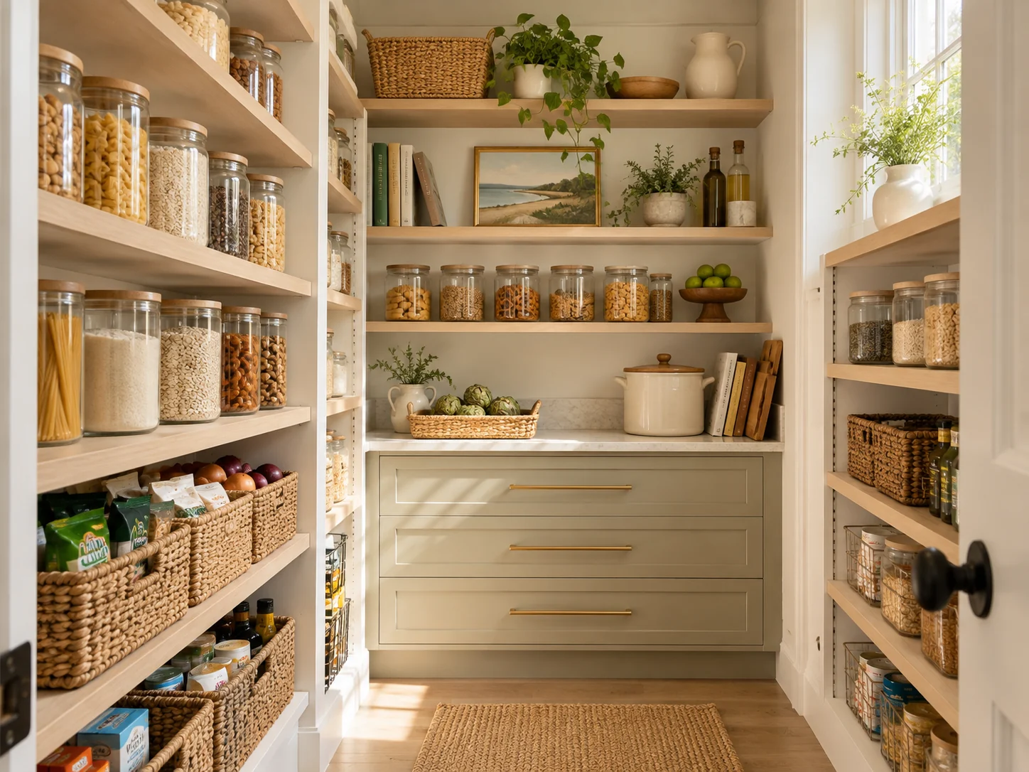 An organized pantry with labeled jars, baskets and everyday staples