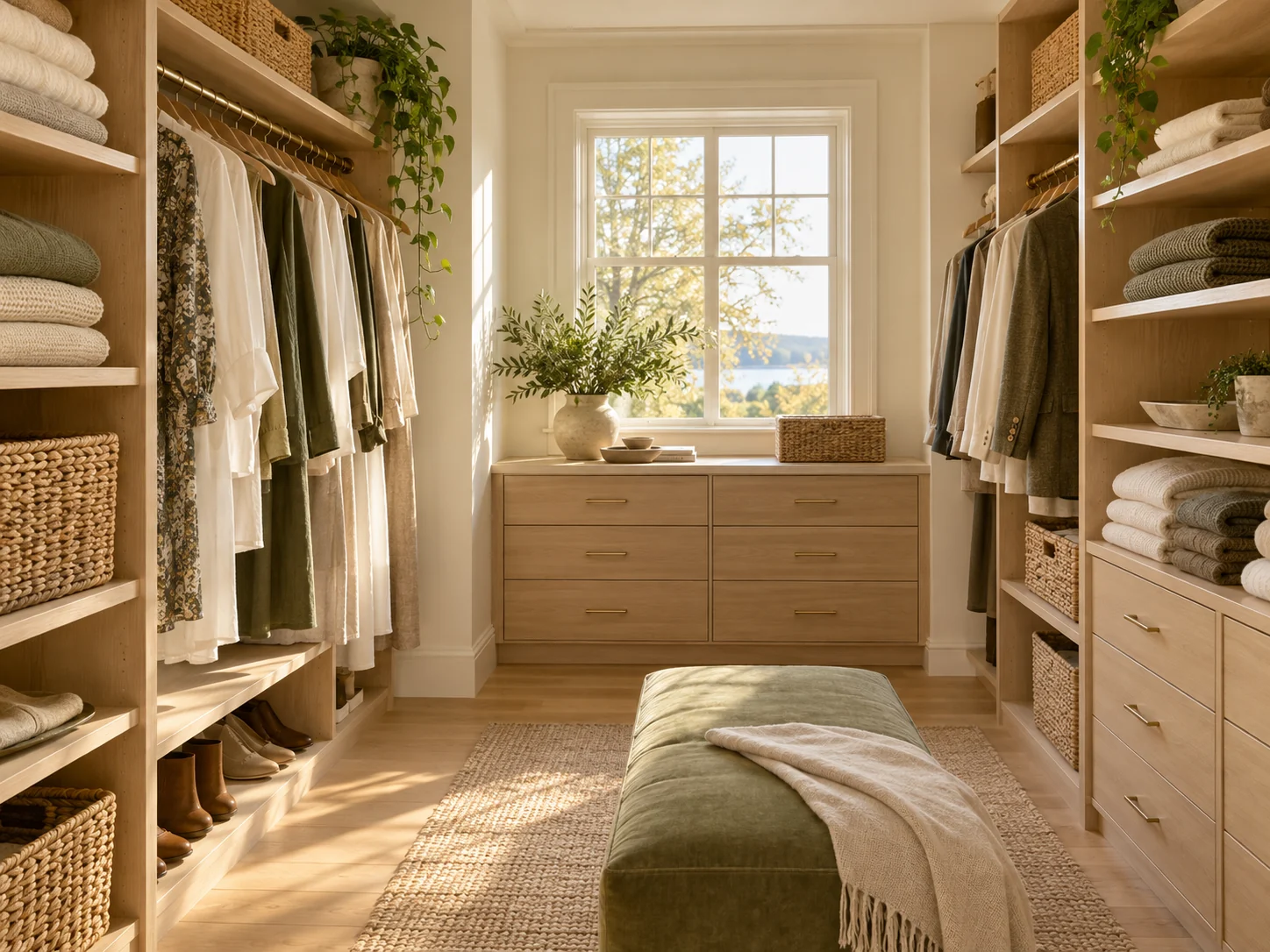 An organized warm-neutral closet with folded clothing and storage baskets