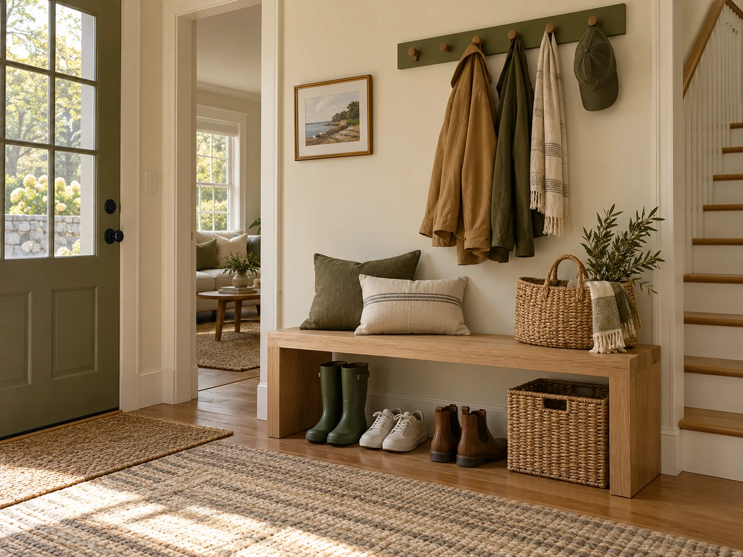A home entry with a light oak bench and neatly stored everyday items