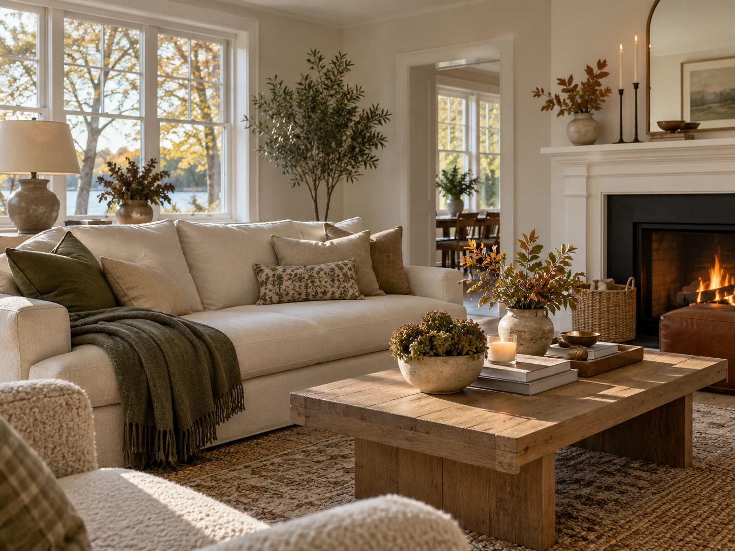 A warm, comfortable living room with subtle autumn styling
