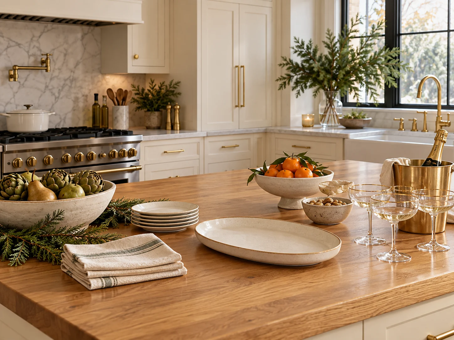 A bright kitchen organized for seasonal hosting and meal preparation