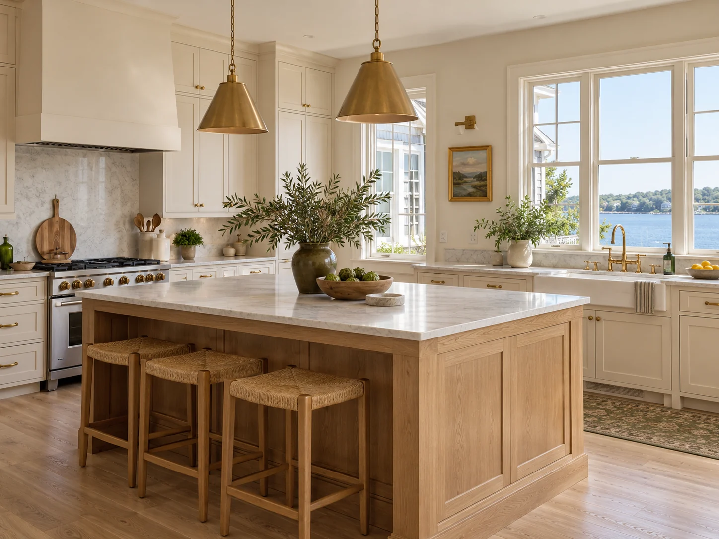 A modern cream kitchen with warm wood and tidy counters