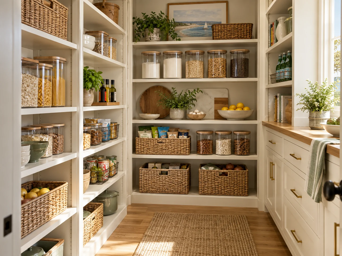 An orderly pantry with everyday food arranged in baskets and clear jars