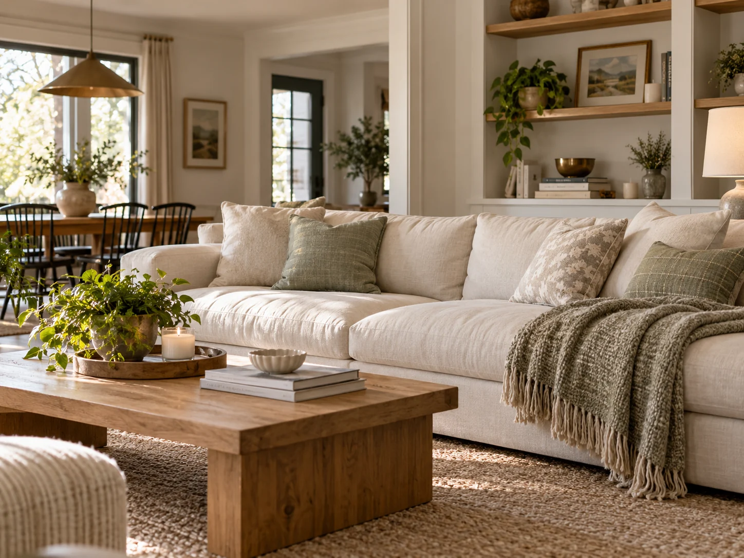 A calm, uncluttered living room after a seasonal reset