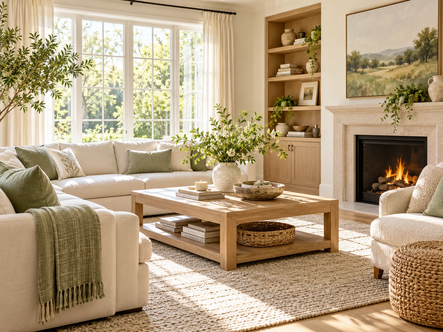 A sunlit cream living room refreshed with greenery and light textures