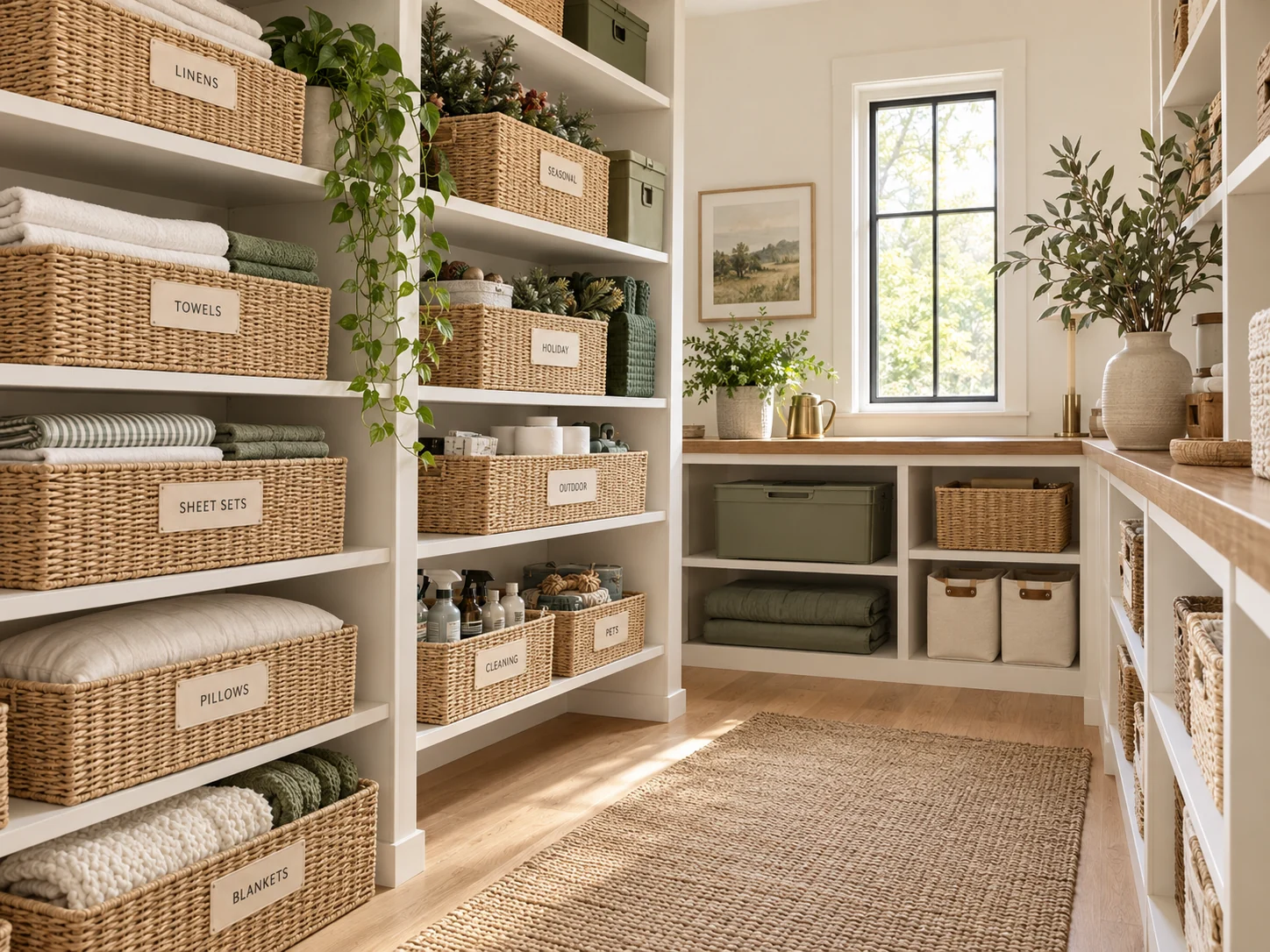 A practical household storage room with baskets on organized shelves