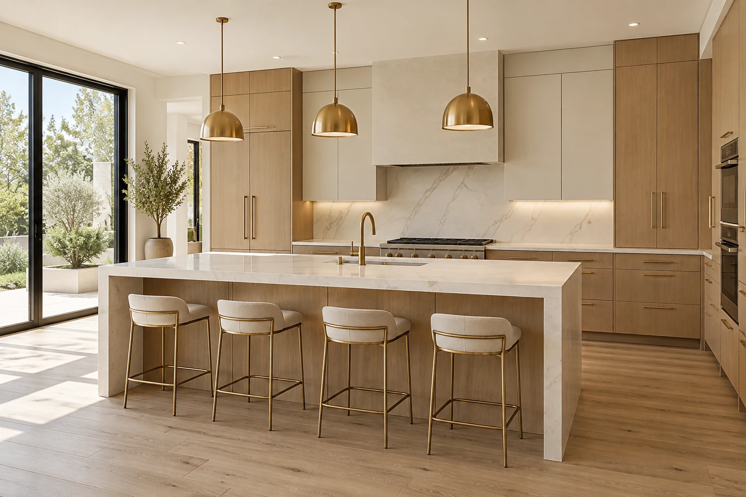 Modern ivory and light-oak kitchen with clear counters