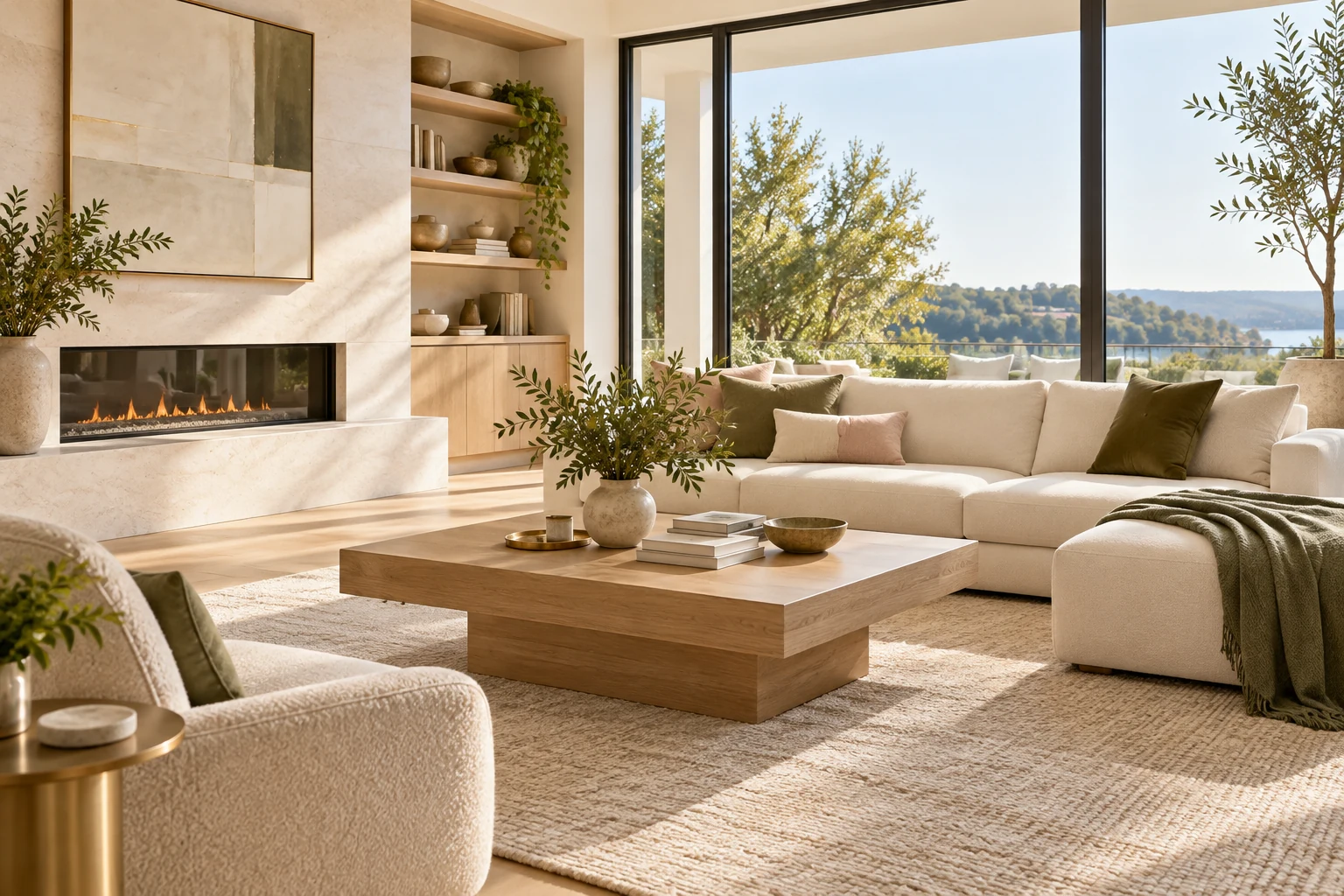 Modern ivory living room with olive accents and natural light